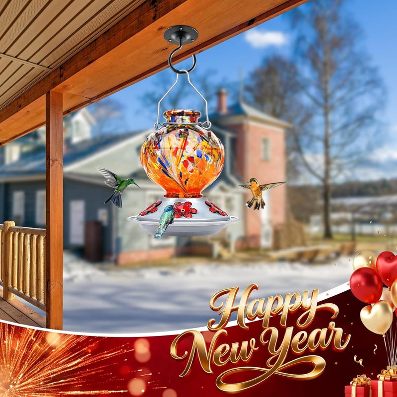 BOLITE Hummingbird Feeder, Hand Blown Glass Hummingbird Feeders for Outdoors Hanging, with 5 Feeding Ports, 22 Ounces, Peony Flower Shape, Orange, Gifts for Women Men, Gifts for Mom Dad - Image 2